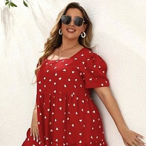 Preloved Shein Plus Size 4X (20) Heart Print Puff Sleeve Ruffle Hem Red Dress